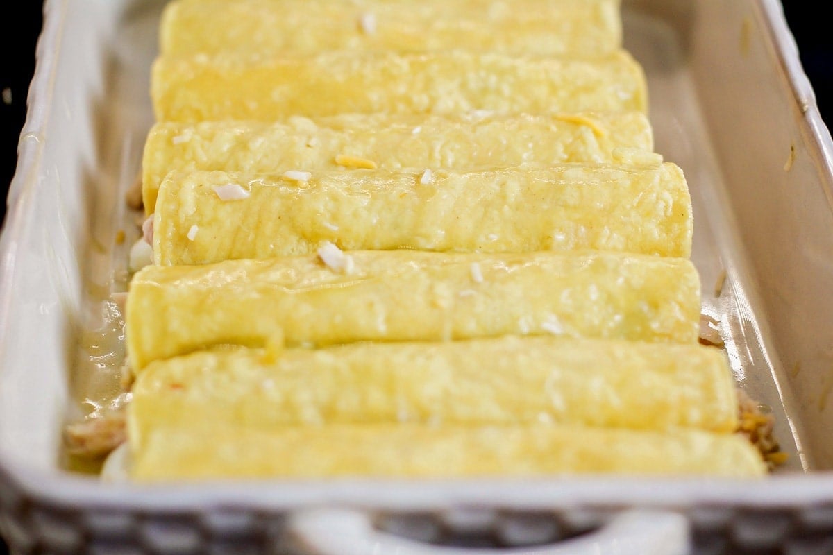 Chicken enchiladas rolled up in casserole dish.