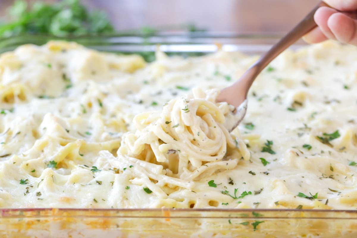 Chicken tetrazzini baked in a clear baking dish.