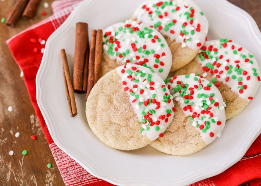 Christmas snickerdoodles on white plate.