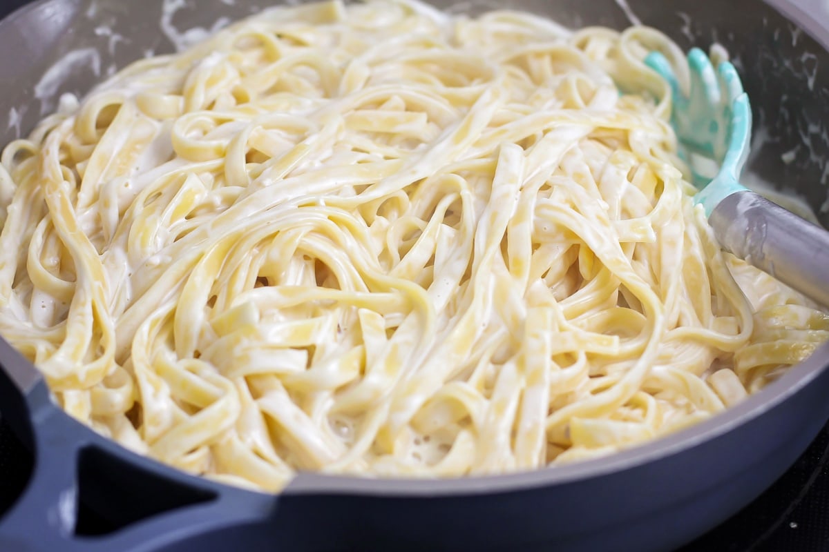 Fettuccine Alfredo recipe made in large skillet.