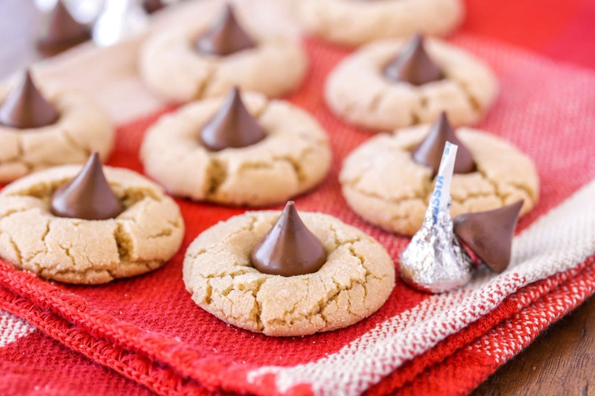 Hershey Kiss Cookies on dish towel.