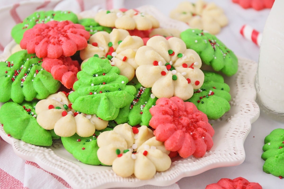 Christmas Spritz Cookies on plate.