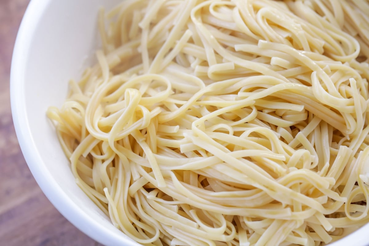 Linguine draining in a colander. 